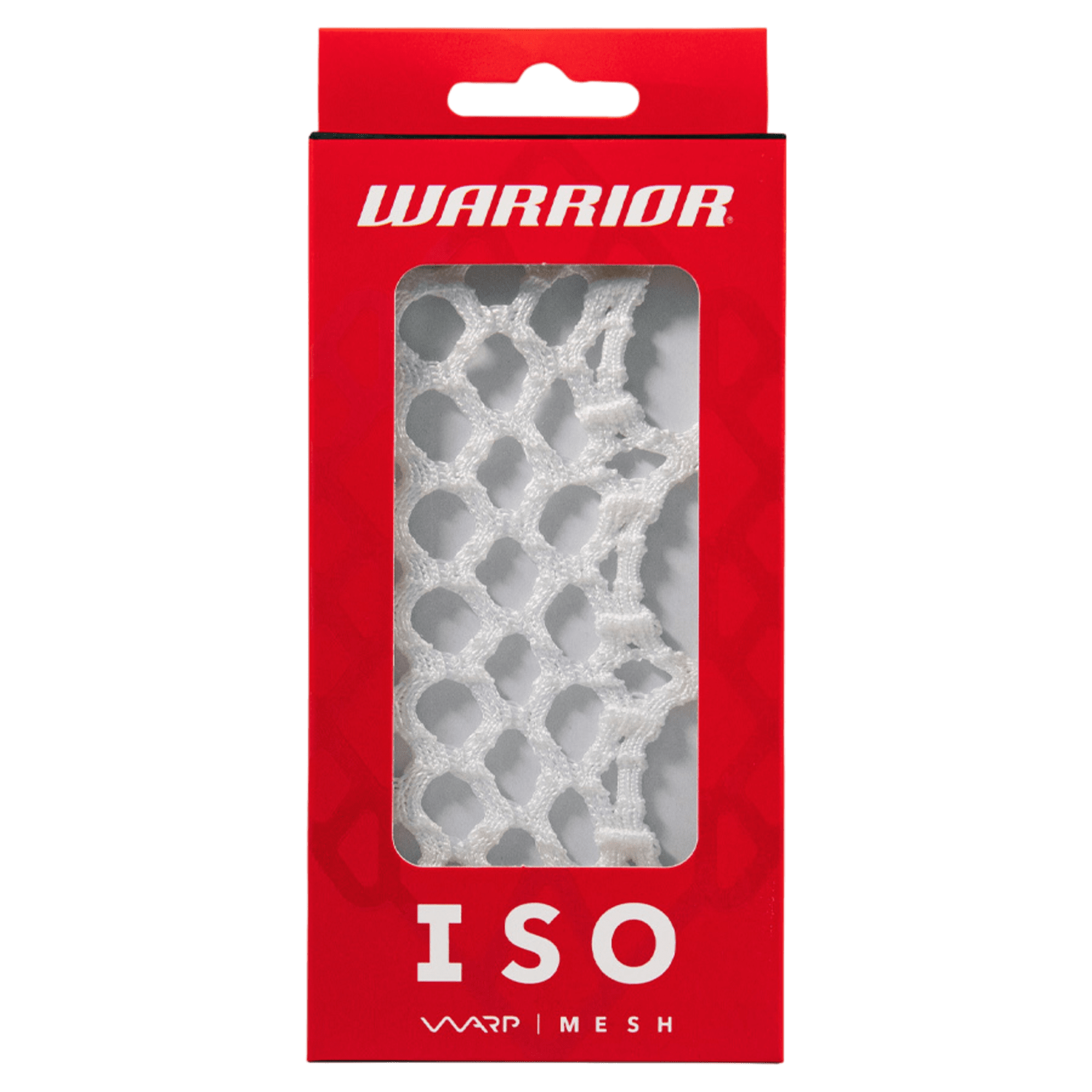 The red packaging of Warrior's ISO Warp Mesh features a clear window that showcases the white mesh inside. The Warrior logo is prominently displayed at the top, with "WARP I MESH" boldly featured at the bottom, making it perfect for your lacrosse heads.