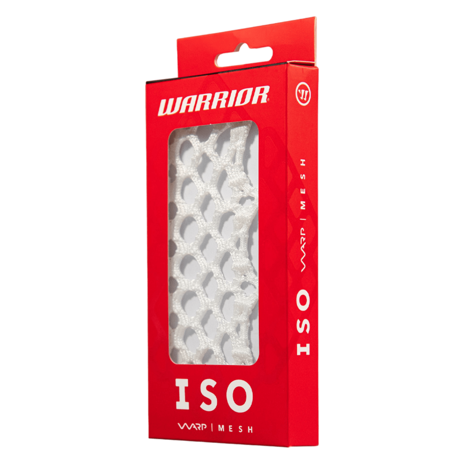A transparent and red container labeled "Warrior ISO Warp Mesh" holds white sports mesh designed for weather resistance. The packaging prominently displays the Warrior logo, includes a visible cutout that highlights the mesh texture, and is ideal for improving lacrosse heads.