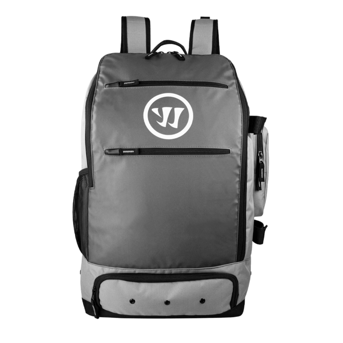 The Warrior Jetpack Max 2021 Backpack by Warrior is a gray and black multipurpose backpack featuring multiple front zippers, a circular logo with stylized letters in the center, and a convenient shoe compartment.