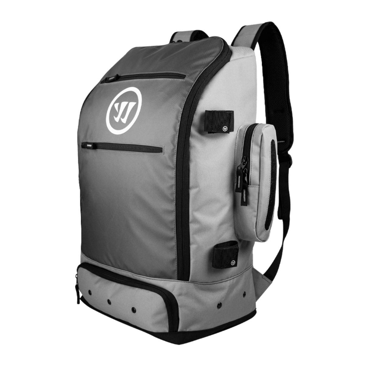 Introducing the Warrior Jetpack Max 2021 Backpack: a stylish gray multipurpose backpack by Warrior, featuring black zippers and accents. It boasts a bold white logo on the front and includes a practical shoe compartment, side pockets, a top handle, and adjustable shoulder straps for added convenience.