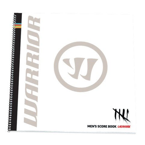 The image shows a Warrior Men's Lacrosse Scorebook with a white cover and spiral binding on the left side. "WARRIOR" is prominently printed vertically, accompanied by an artistic "W" logo. In the bottom right corner, it states "Warrior Men's Score Book," making it perfect for recording team statistics in lacrosse.