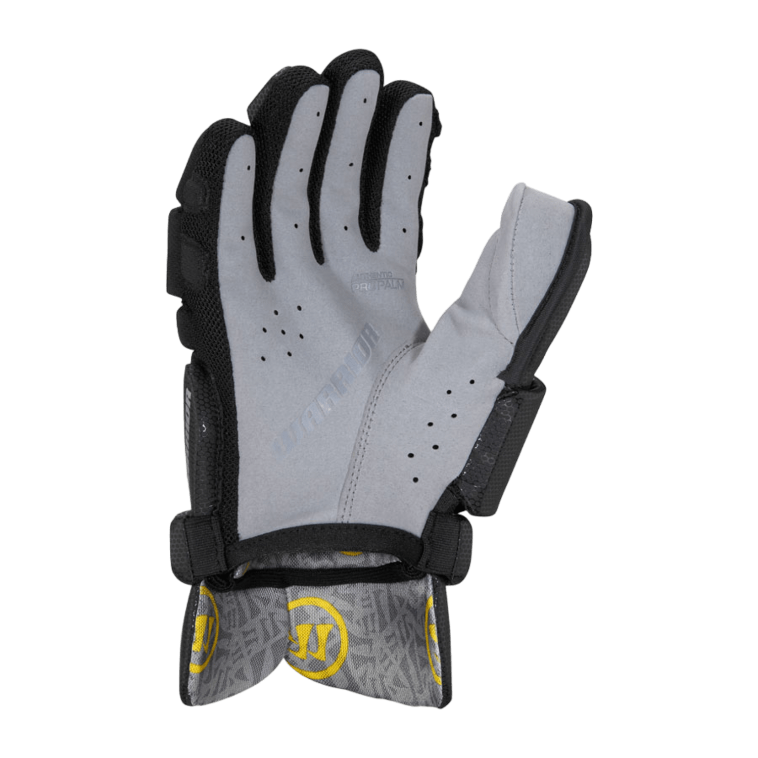 The Warrior Nemesis Goalie Glove, in a gray and black design, offers a ventilated single-layer palm with perforations for breathability. Its partially open strap showcases the wrist area with a logo accented by yellow details, and the BONE system on the backhand provides added protection.