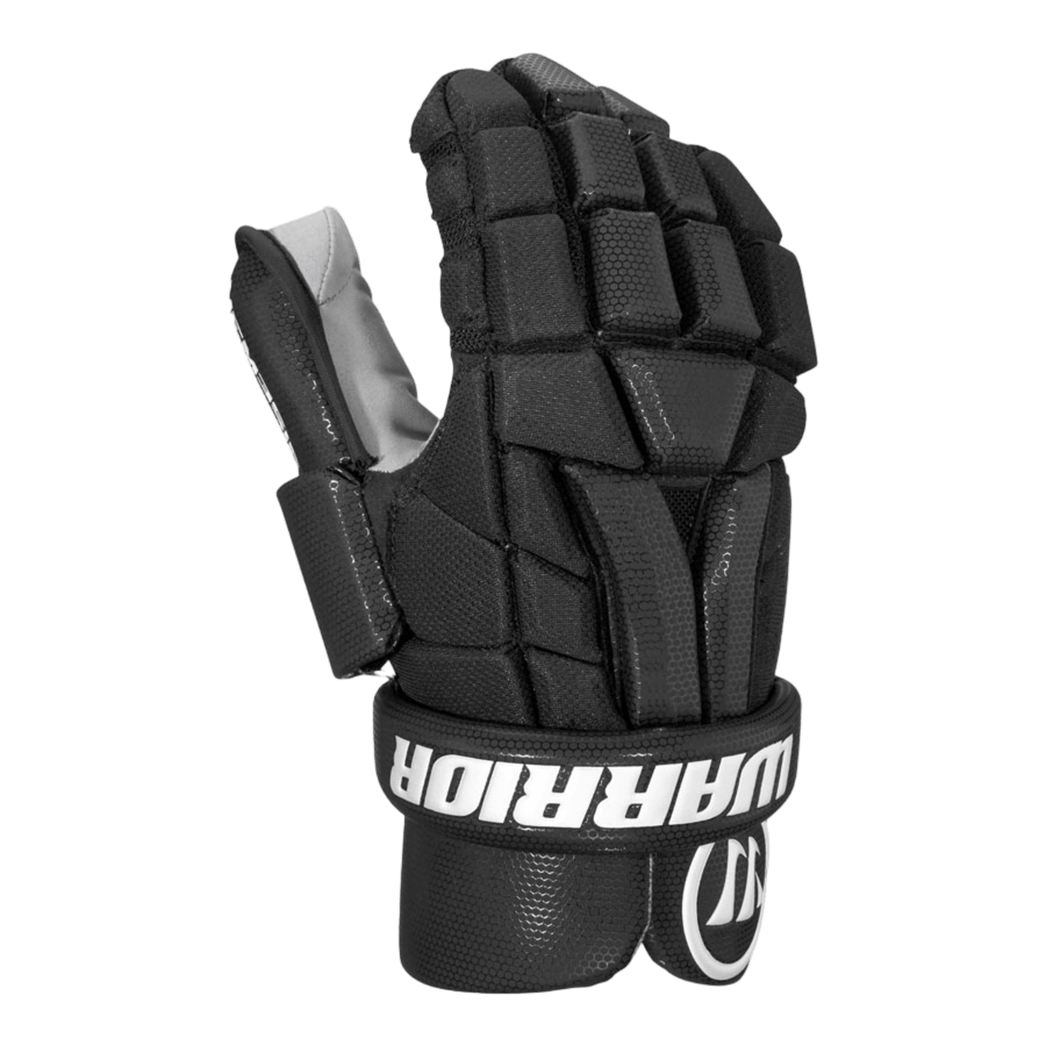 The Warrior Nemesis Goalie Gloves by Warrior, designed for youth with black padded sections and a white logo on the wristband, feature a single-layer palm for enhanced flexibility and are displayed upright against a plain green background.