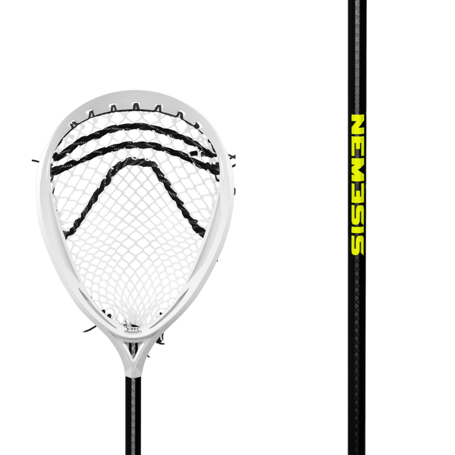 An image depicting the Warrior Nemesis 2023 Goalie Complete Stick showcases a white net with a black frame. The 30" shaft is stylishly black, prominently displaying "NEMESIS" in vivid yellow. The background is plain and solid green.