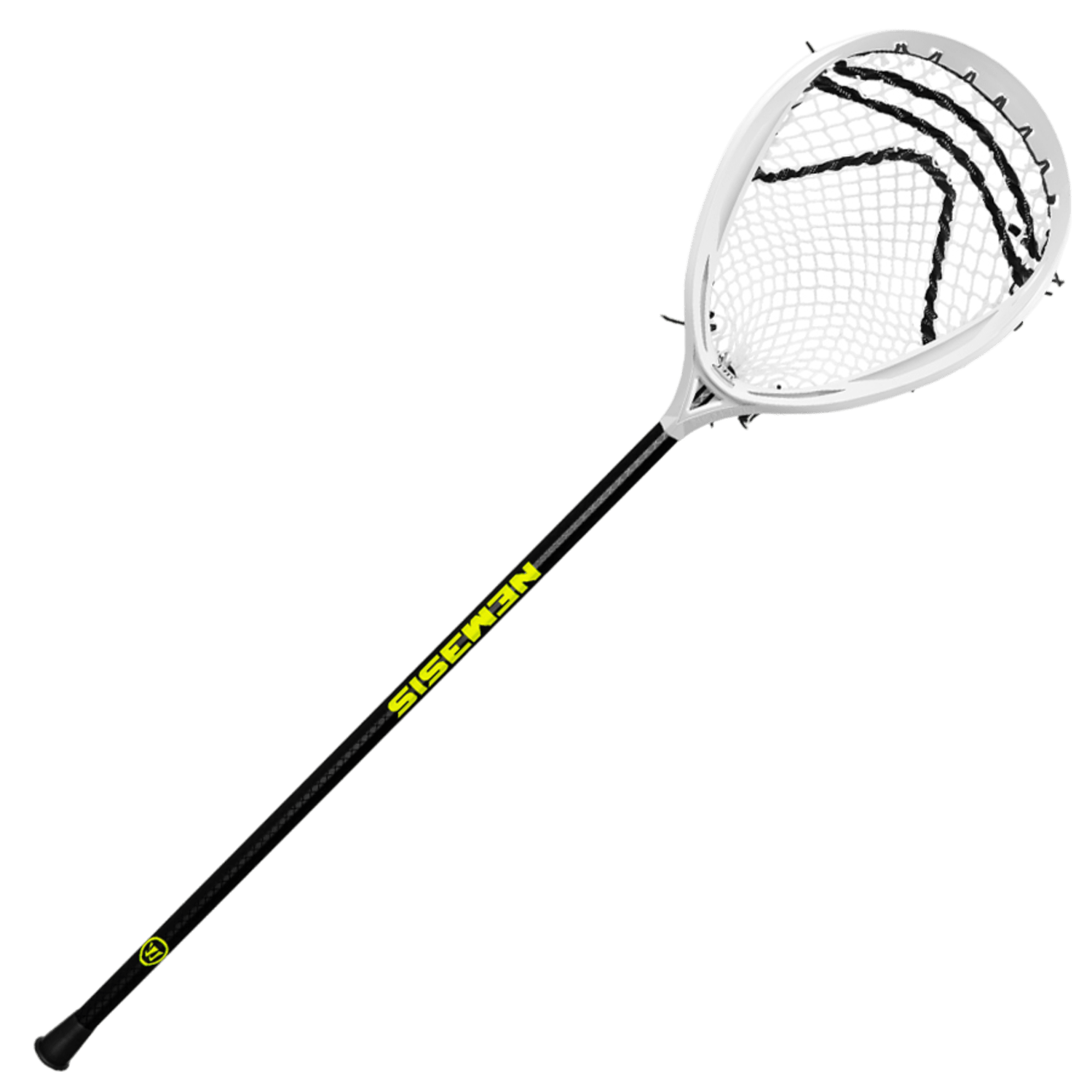 A Warrior Nemesis 2023 Goalie Complete Stick, featuring a 30" black shaft paired with a white mesh head. The brand name "Nemesis" is prominently displayed in vibrant yellow on the shaft.