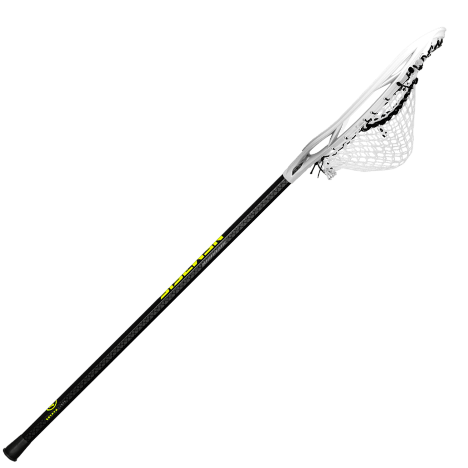 The Warrior Nemesis 2023 Goalie Complete Stick boasts a 30" black shaft and white mesh head, engineered for optimal lacrosse performance, showcased against a green background.