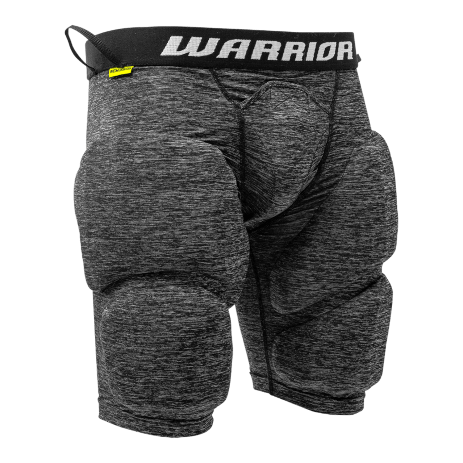 The Warrior Nemesis Leg Pads are gray protective sports shorts with padded areas on the thighs and hips, featuring Beaded Foam Tech for enhanced cushioning. The waistband prominently displays "Warrior" in white, making them ideal for lacrosse.