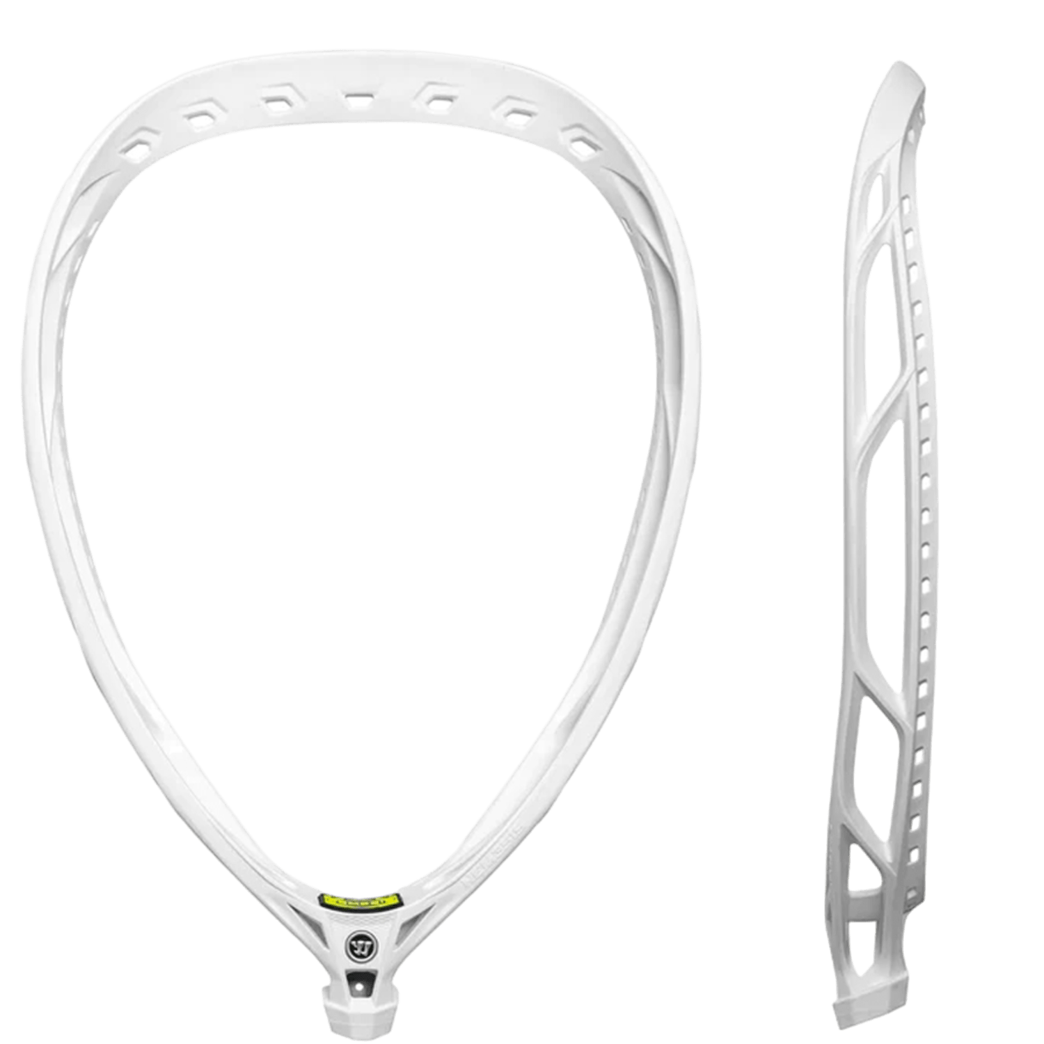 Close-up of the Warrior Nemesis Lite Goalie Head, a white lacrosse head from Warrior, featuring a semi-oval shape and strategically placed holes along the edge for stringing, ideal for inexperienced goalies aiming for precision and performance.