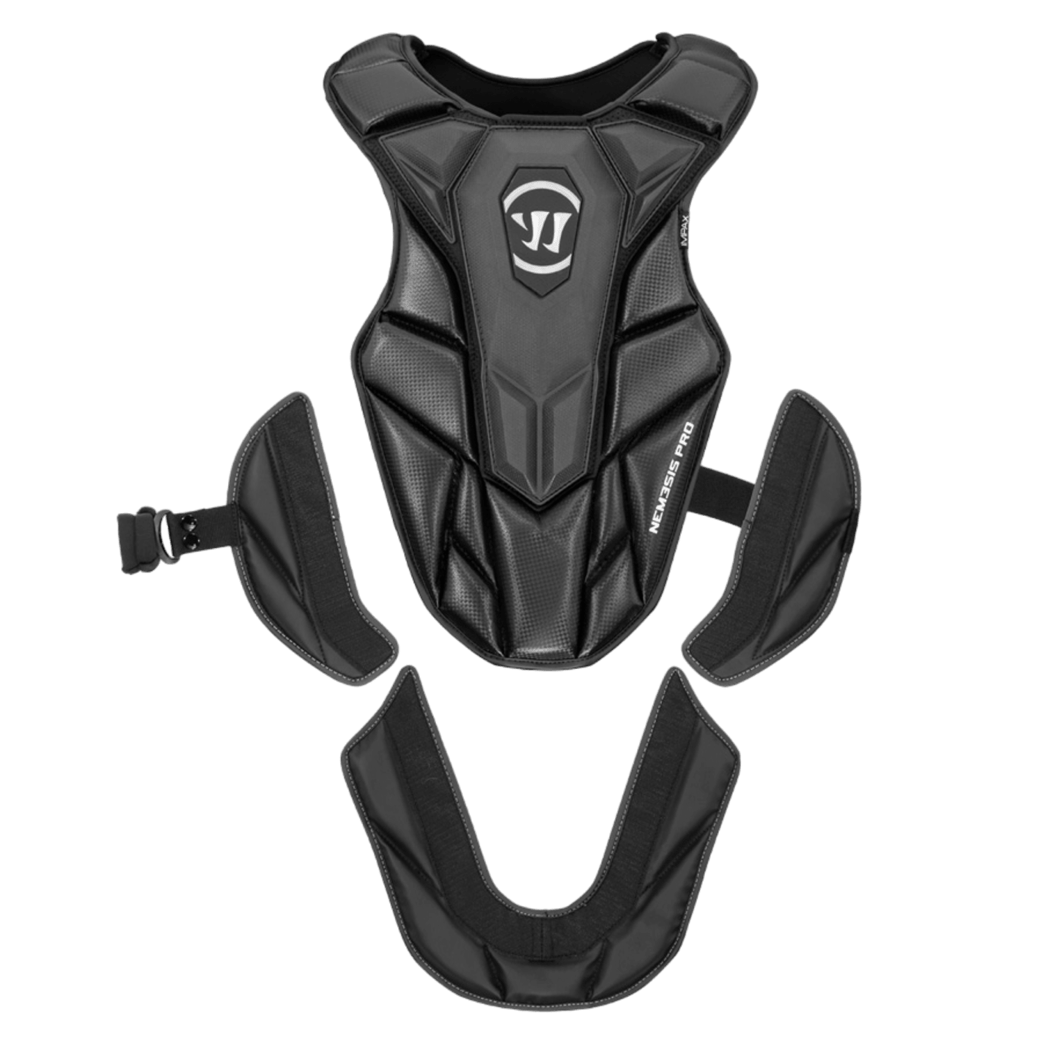 The Warrior Nemesis Pro 2019 Goalie Chest Pad offers detachable shoulder and rib panels, enhanced with IMPAX foam for exceptional protection during contact sports. It showcases a prominent logo on the chest and features adjustable side straps, designed for optimal safety and comfort.