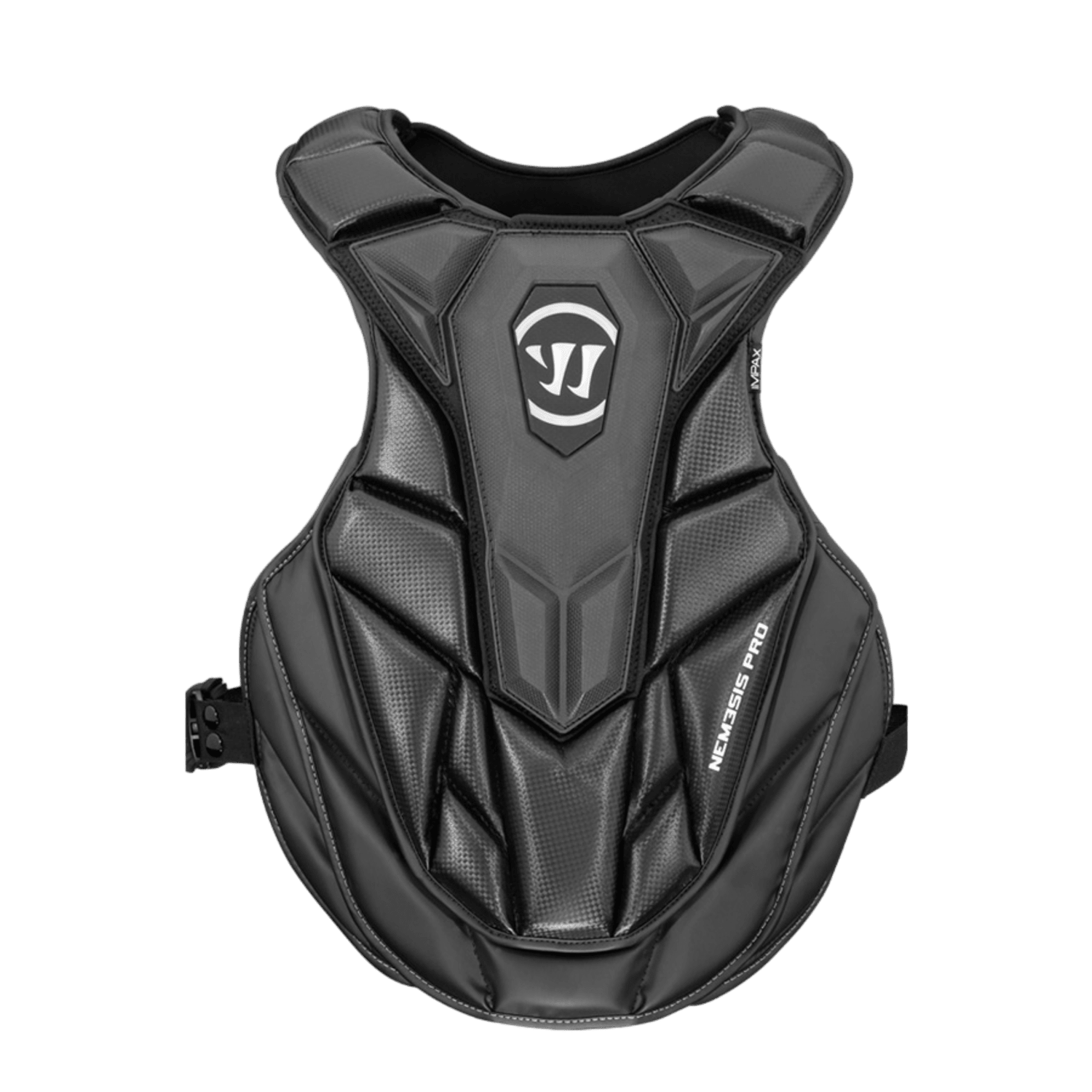 Introducing the Warrior Nemesis Pro 2019 Goalie Chest Pad, a sleek black protective gear from the renowned Warrior brand. It boasts a rugged, contoured design with prominent Warrior branding at its center. The chest pad is equipped with adjustable side straps for a tailored fit and incorporates IMPAX foam to ensure superior durability. A textured pattern not only enhances its style but also optimizes performance.
