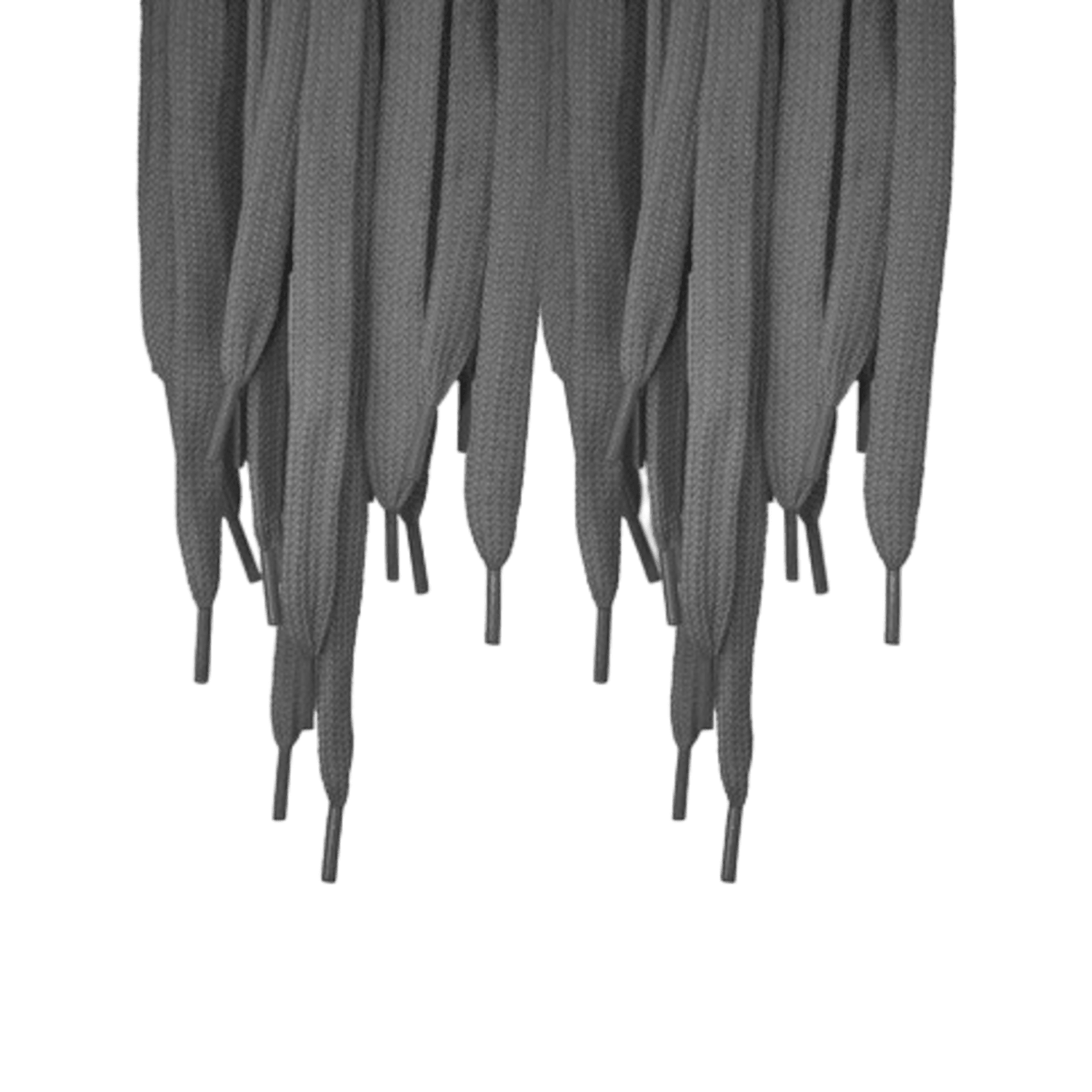 A close-up of high-quality gray Lax.com Goalie Shooting Strings, resembling lacrosse goalie throwstrings, hanging vertically against a green backdrop.