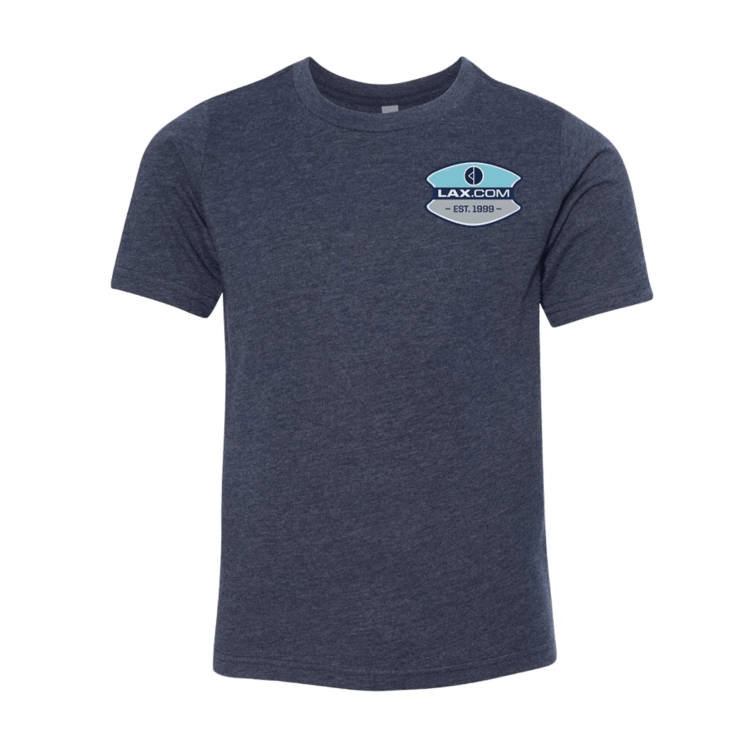A dark gray shirt from Lax.com, known as product 3312, showcases a small blue and white logo on the left chest with the text "LAX.com Est. 1999" and a stylized lacrosse stick design, making it ideal for any young lacrosse enthusiast. The T-shirt is presented against a green background.