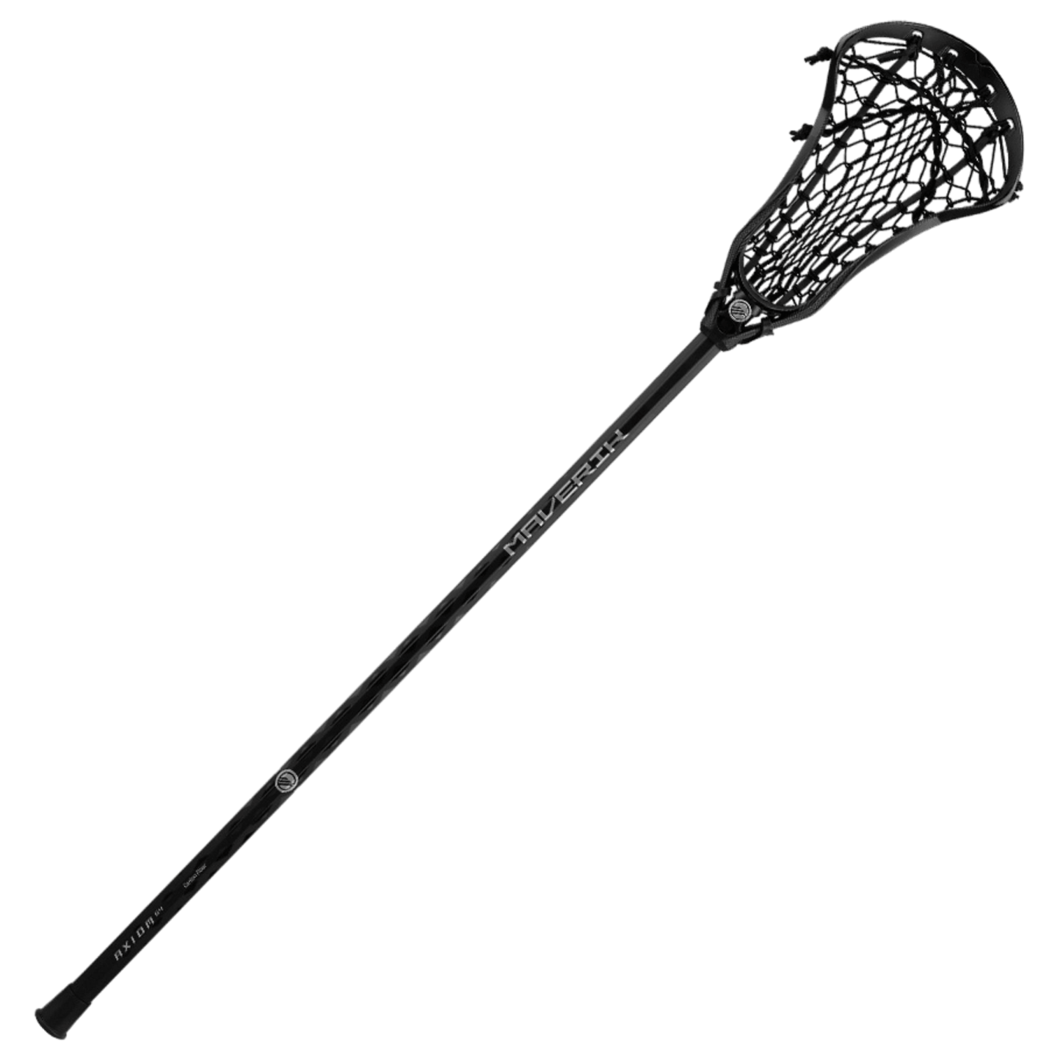 The Maverik Axiom G4 Complete Stick is a black lacrosse stick with a netted head and a carbon composite shaft, prominently featuring the brand name "Maverik" along its length. Its tactile grip enhances control, making it stand out against the plain background.
