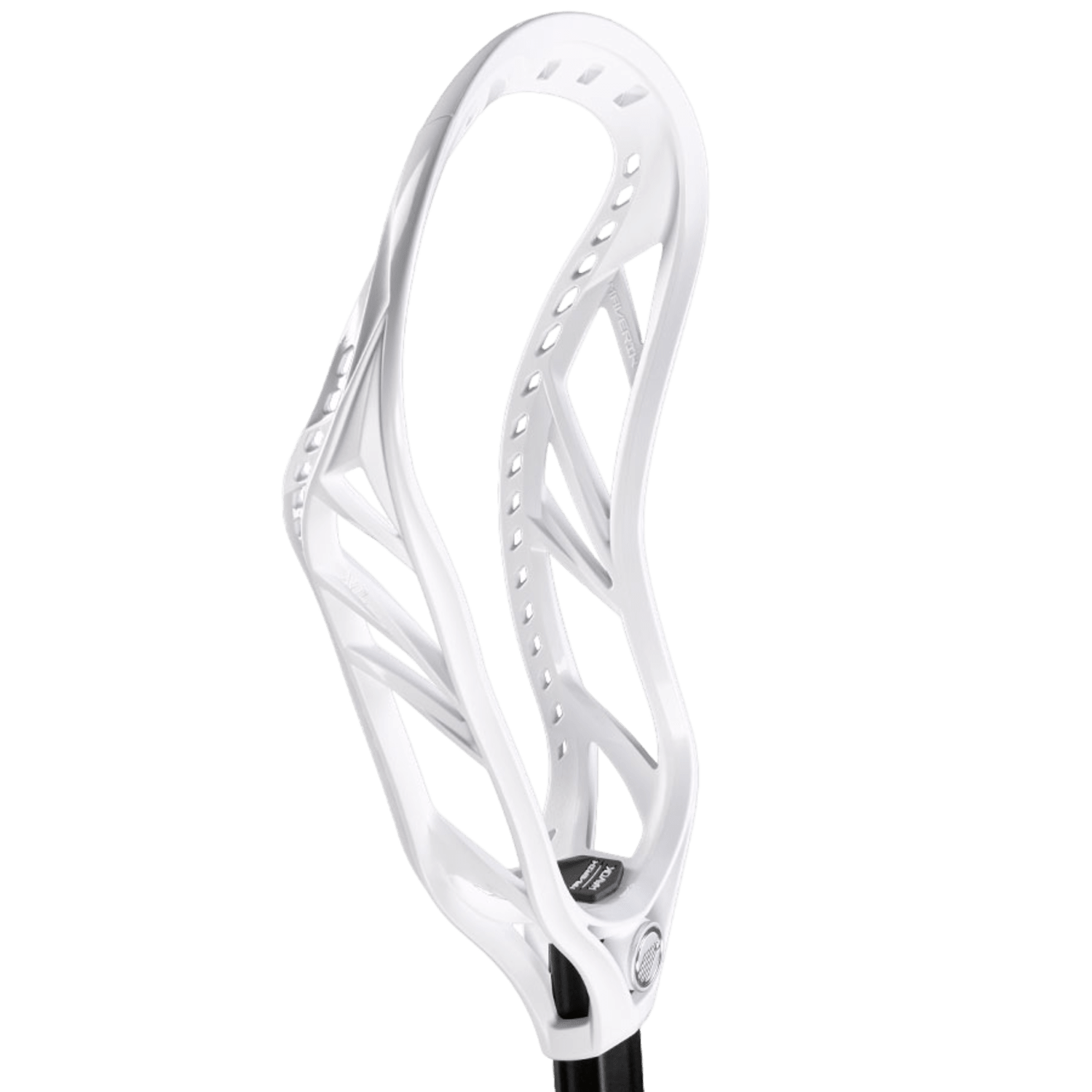 Close-up image of the Maverik Havok Lacrosse Head mounted on a stick. The head showcases numerous holes along its sides, boasting a sleek, aerodynamic design and integrating XRail Technology. The stick is partially visible at the bottom, set against a plain white background.