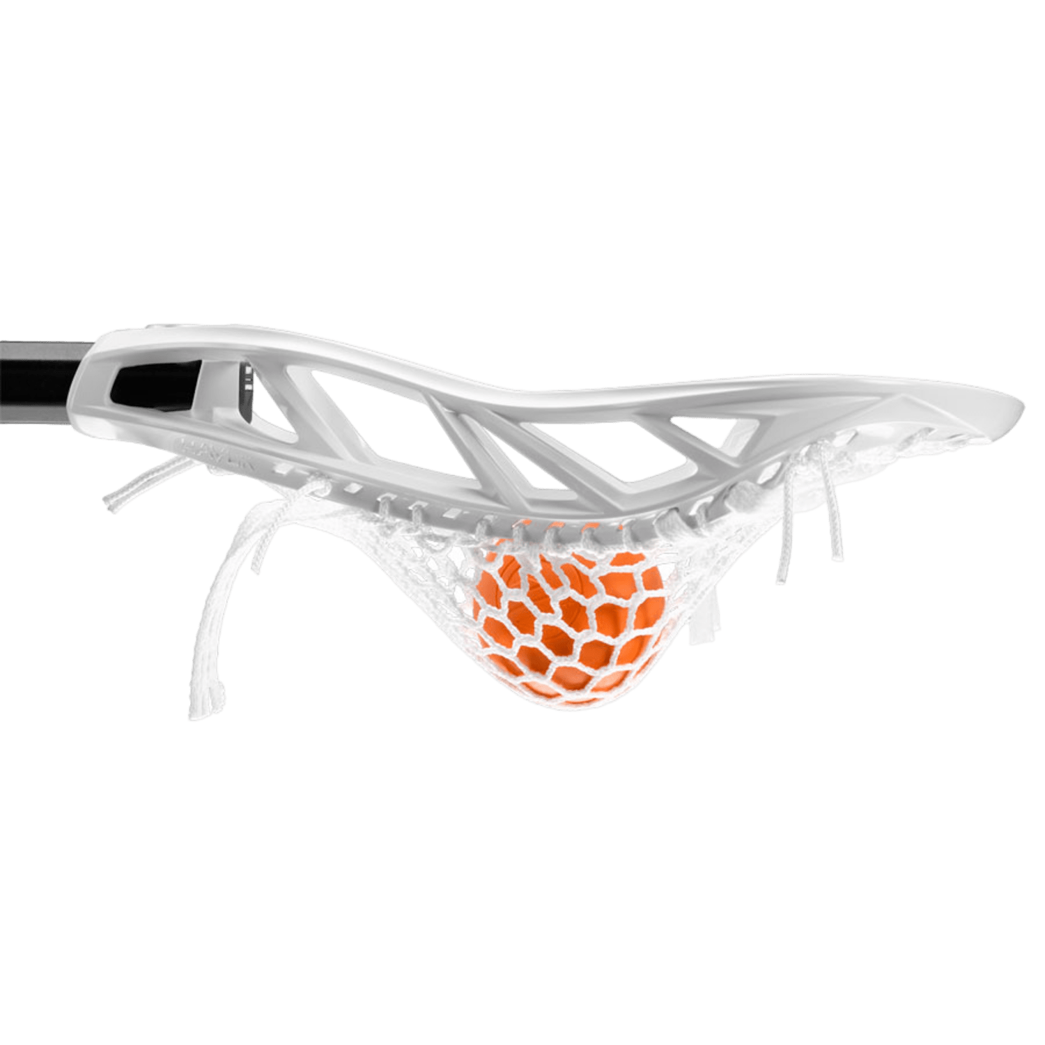 The Maverik Havok Lacrosse Head by Maverik incorporates XRail Technology and cradles an orange lacrosse ball within its white mesh netting, while the Ground Control Scoop enhances gameplay.