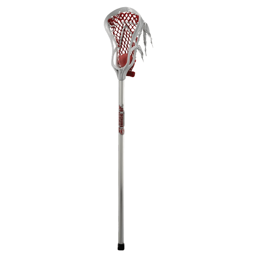 The Maverik Juice Jr. Ministick, by the brand Maverik, boasts a durable aluminum shaft and a red and white netted head, making it perfect for enthusiastic mini-stick games. Displayed against a plain white background, its sleek design and robust construction make it ideal for young players.
