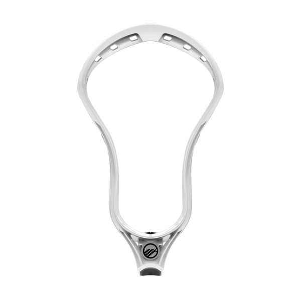The Maverik Tactik 3.0 Lacrosse Head, in white, incorporates ControlCore Technology and offers numerous stringing holes along the top and sides, ideal for custom stringing. It features a sleek Maverik logo near the base on a transparent background.