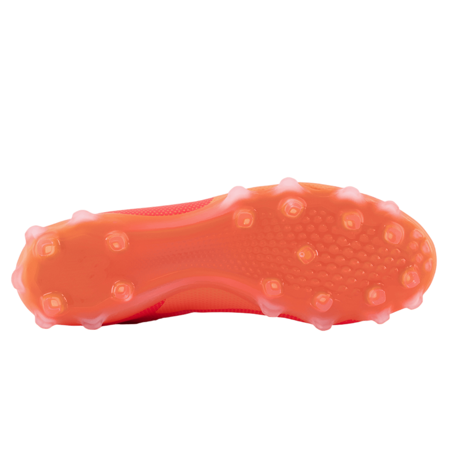 The image showcases the sole of the New Balance Freeze LX 4 Mid Cleats - Red, featuring multiple studs for traction and an innovative QUIX outsole. The translucent orange hue, combined with a lightweight synthetic/mesh upper, is crafted to provide optimal grip on the field.