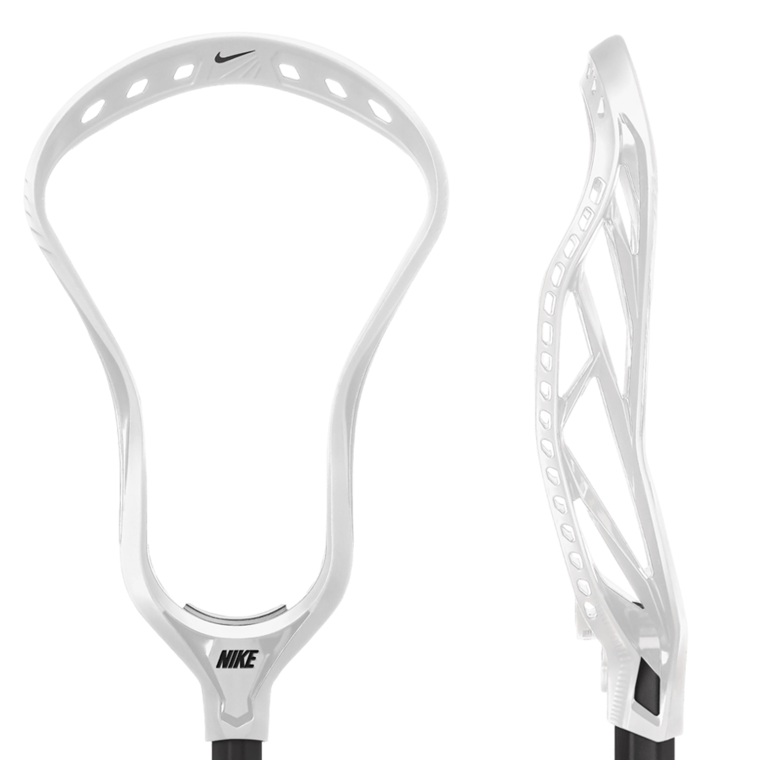 The Nike Alpha Elite 2 Lacrosse Head showcases a sleek and modern design, highlighted by the iconic Nike logo. It features numerous holes along its edge for customized stringing, allowing players to tailor their setup to improve their performance.