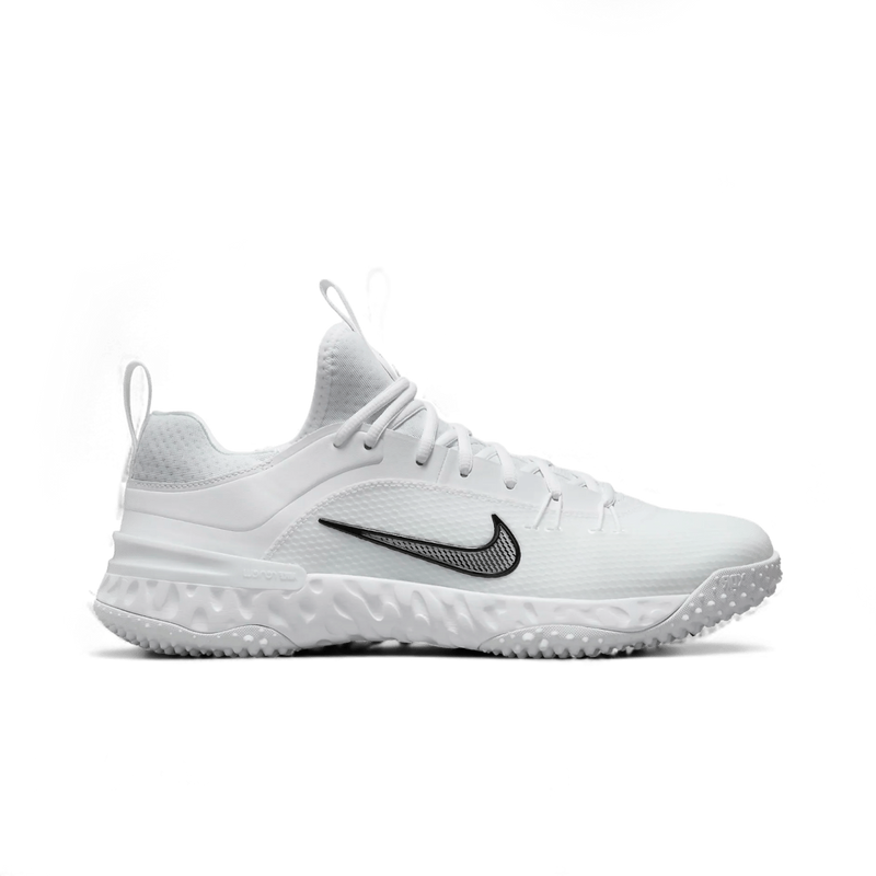 The Nike Alpha Huarache 9 Elite Turf Shoes are white athletic footwear designed for elite lacrosse players, featuring a textured sole for multidirectional traction and a black Nike swoosh logo on the side. These low-top shoes offer mesh-like material for optimal breathability.