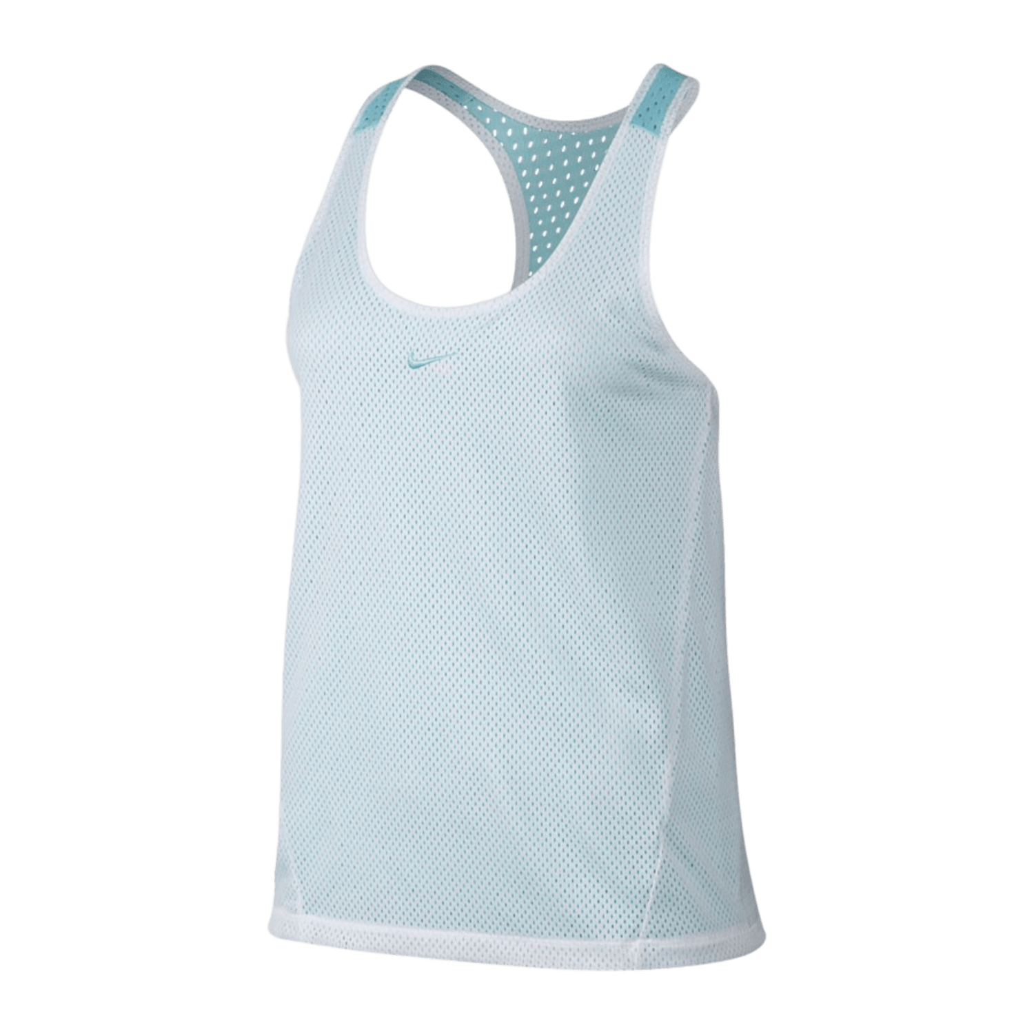 The Nike Women's Dry Pinnie is a light blue mesh athletic tank top featuring a racerback design, sweat-wicking fabric, and a small logo on the chest.