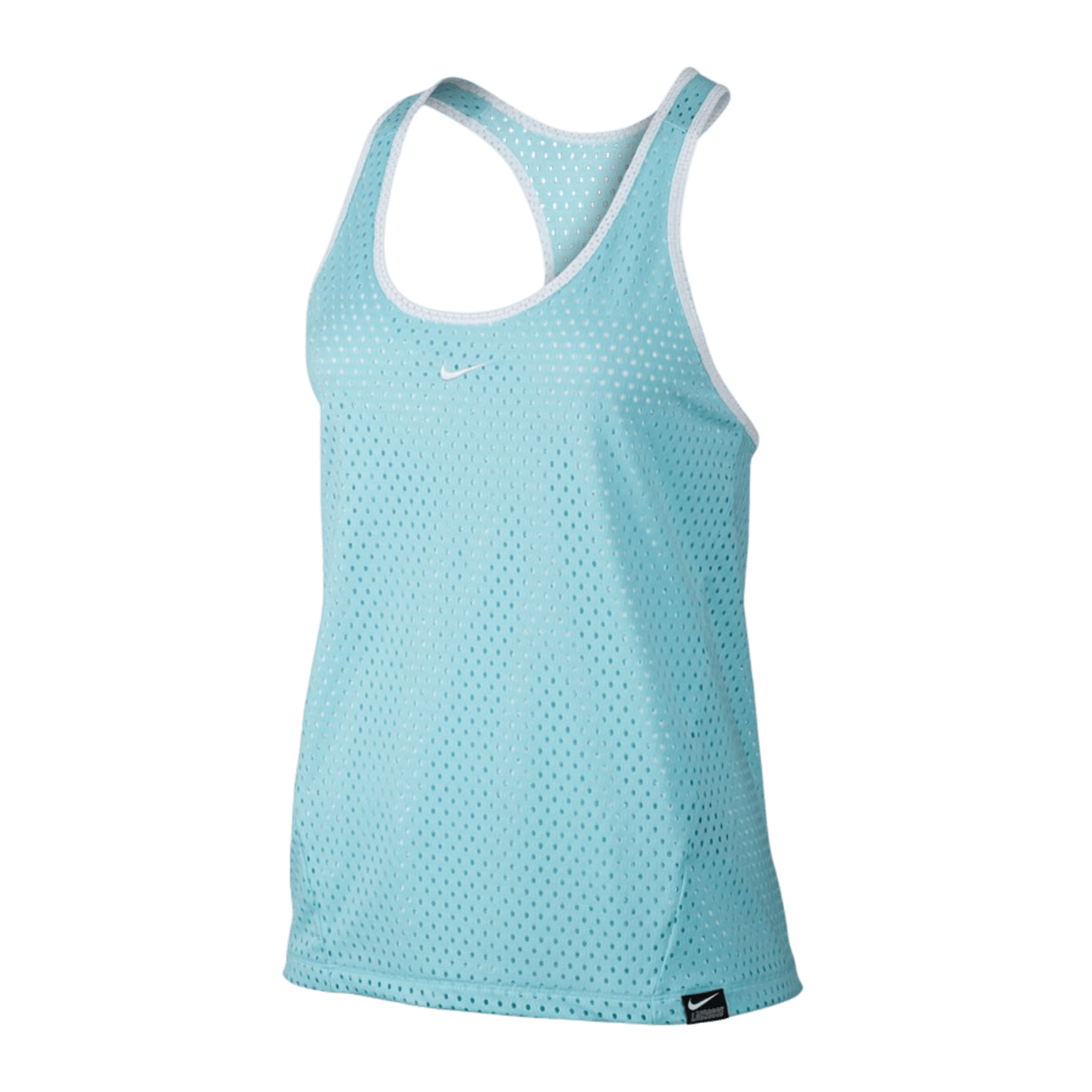 The Nike Women's Dry Pinnie is a sleeveless, light blue athletic tank top crafted from sweat-wicking fabric with a perforated mesh design and a small logo near the neckline. Its racerback cut offers a sporty and breathable style, making it ideal for high-intensity workouts.