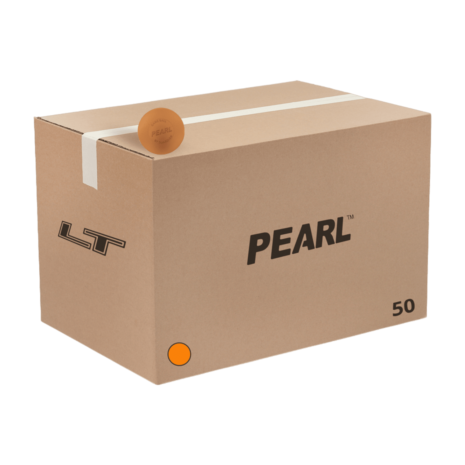 A large cardboard box labeled "Pearl LT Lacrosse Balls - 50-Pack" prominently displays the number 50. The box features a white strip at the top and an orange circular stamp, indicating it's SEI certified, along with another orange seal. The background is solid green.