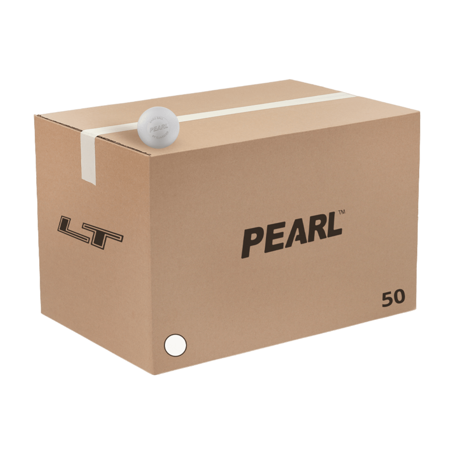 A large cardboard box featuring "Pearl LT" and labeled as a 50-pack sits beneath a small textured lacrosse ball marked "Pearl." This NOCSAE official, SEI-certified Pearl ball confidently rests on top of the box.