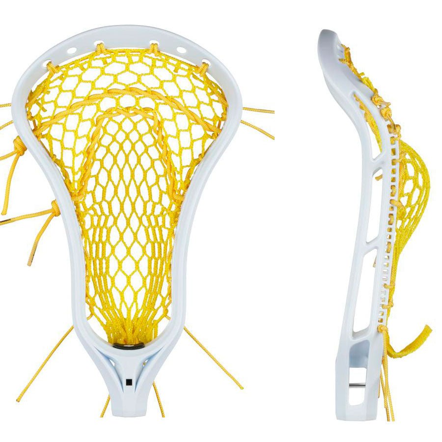 Front and side view of the StringKing Women's Legend Type 4 Strung Lacrosse Head, showcasing striking yellow Type W mesh. The pocket is skillfully crafted with matching yellow strings, while the structured sidewalls provide both style and precision.