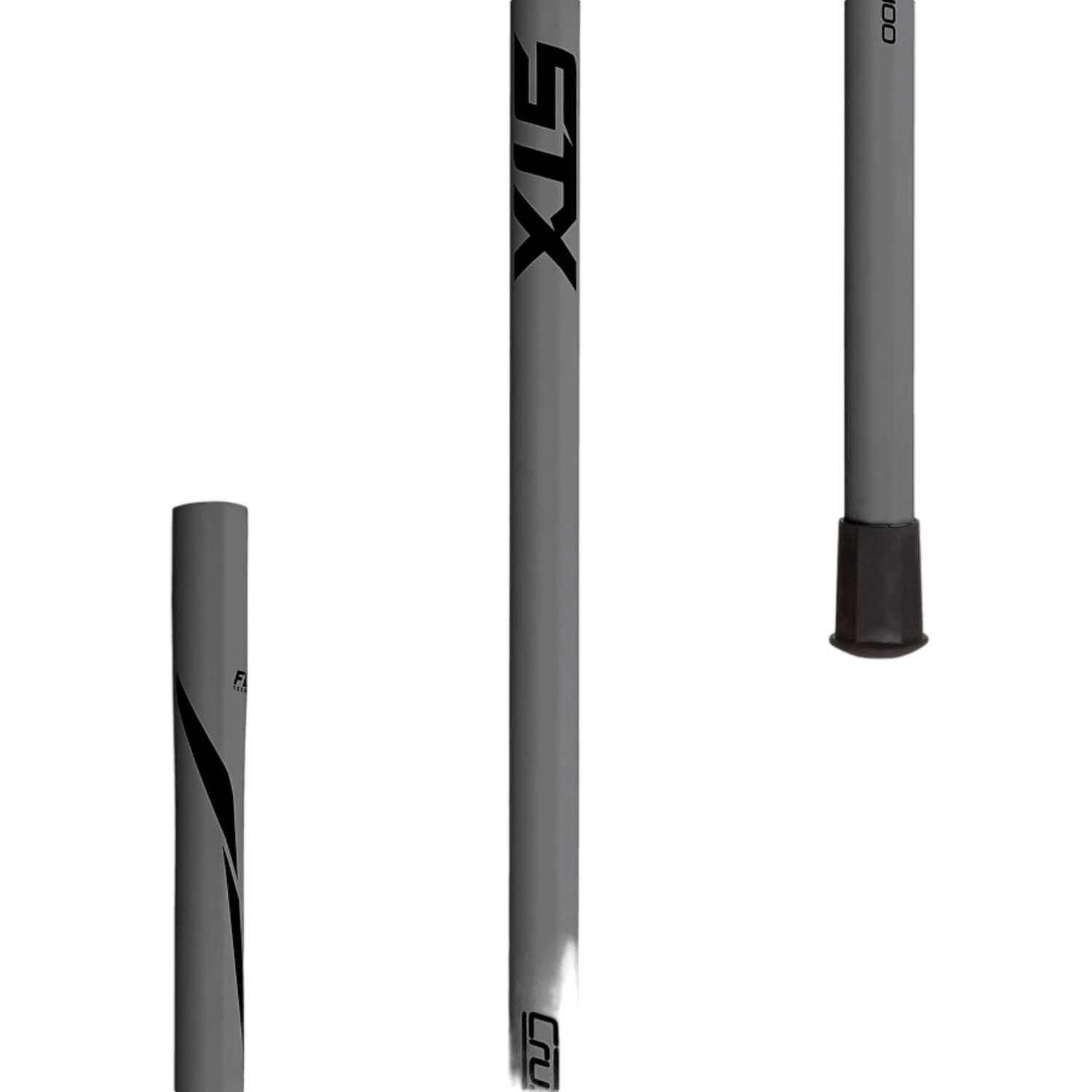 Close-up of three gray STX Crux 400 Complete Sticks featuring black "STX" branding, showcasing their Constant Flex technology. Positioned vertically against a solid green background, they highlight the advanced design typical of beginner girls' lacrosse sticks.