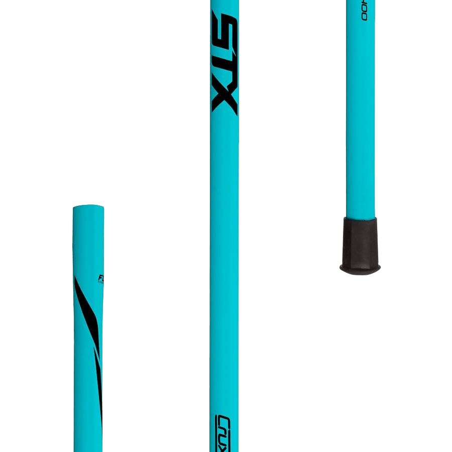 Three HE CWX9 C9/BD/BOM lacrosse sticks in blue stand out against a plain background, showcasing the STX brand. Each stick includes black details, and one features a black grip. Ideal as beginner girl complete sticks, their design emphasizes simplicity and sporty style.