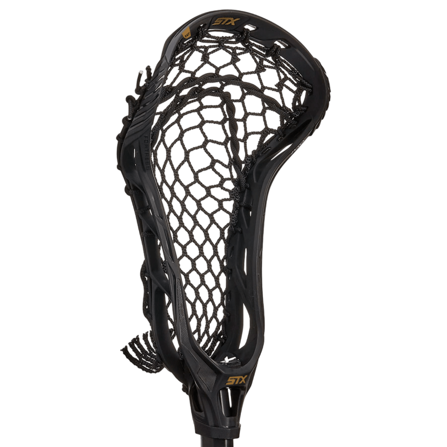 Close-up of an STX Fortress 700 Crux Mesh Pro Strung Lacrosse Head showcasing a black design with intricate stringing for optimal ball retention. The brand "STX" is prominently displayed on the top, providing superior control during ground ball pickups. The background is transparent.
