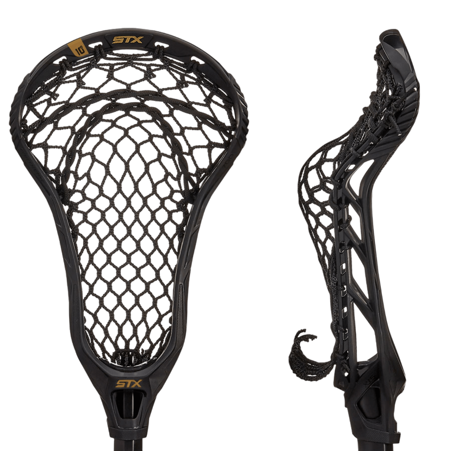 The STX Fortress 700 Crux Mesh Pro Strung Lacrosse Head is displayed from two angles: front and side. The brand "STX" is prominently featured at the top and bottom of this women's lacrosse head. The side view emphasizes its curved design, which enhances ball retention during ground ball pickups, along with its black mesh netting.