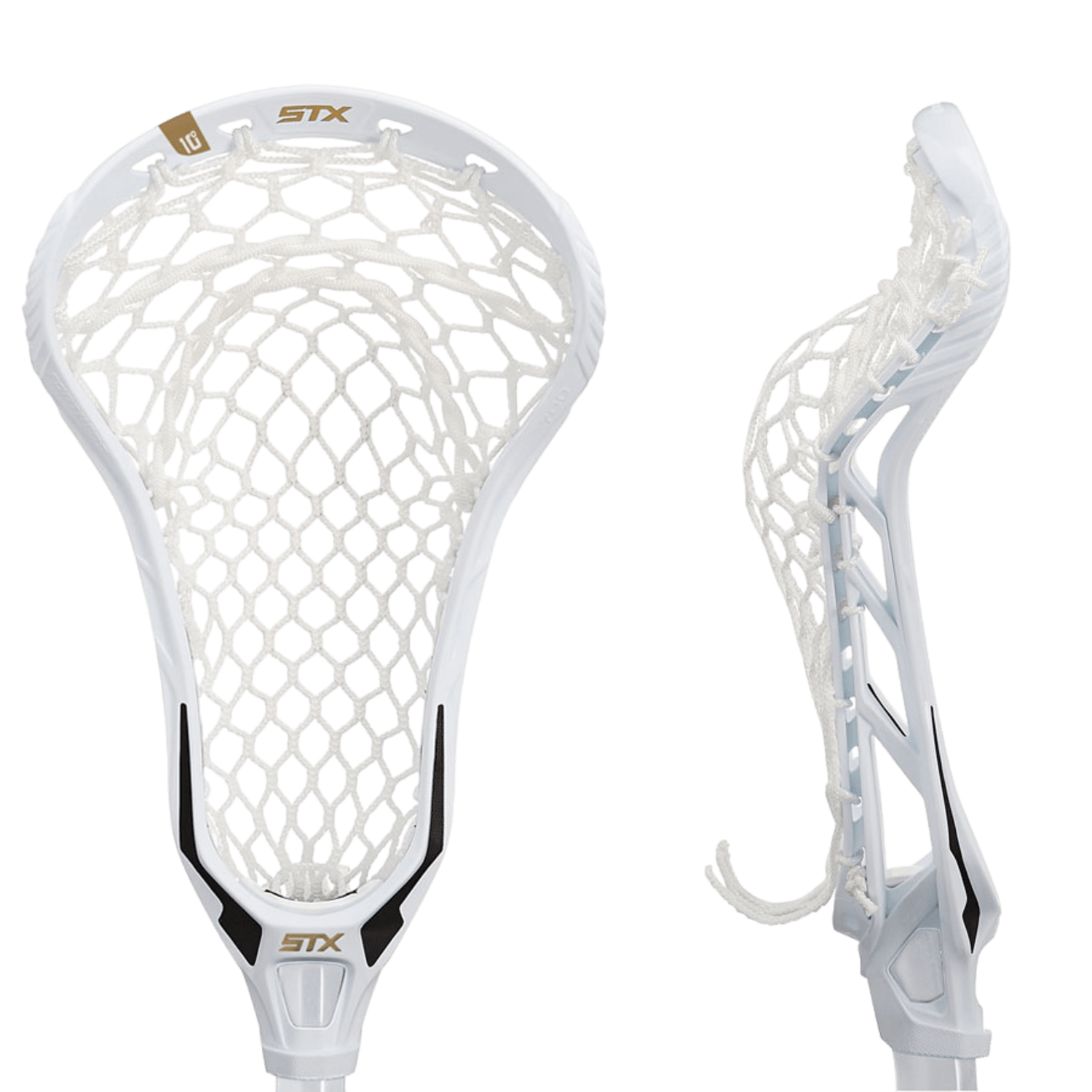 Two white lacrosse heads from the STX brand are pictured: one facing forward and another in profile. Featuring mesh netting for enhanced ball retention, they showcase the "STX" branding in black and gold. With a modern design, the HD FR70 BK CP is lightweight, crafted to effortlessly improve ground ball pickups.