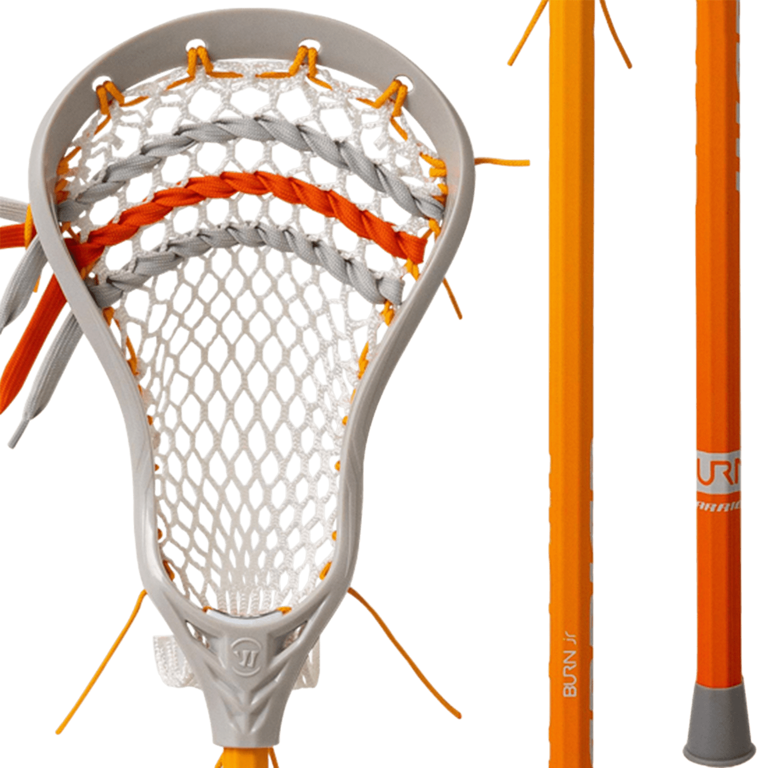 A detailed image showcases the Warrior Burn Jr. 2023 Complete Stick, highlighting its white netting with orange accents. The shaft bears the "Warrior" brand name in eye-catching orange, focusing on the head and part of the shaft, ideal for young lacrosse players.