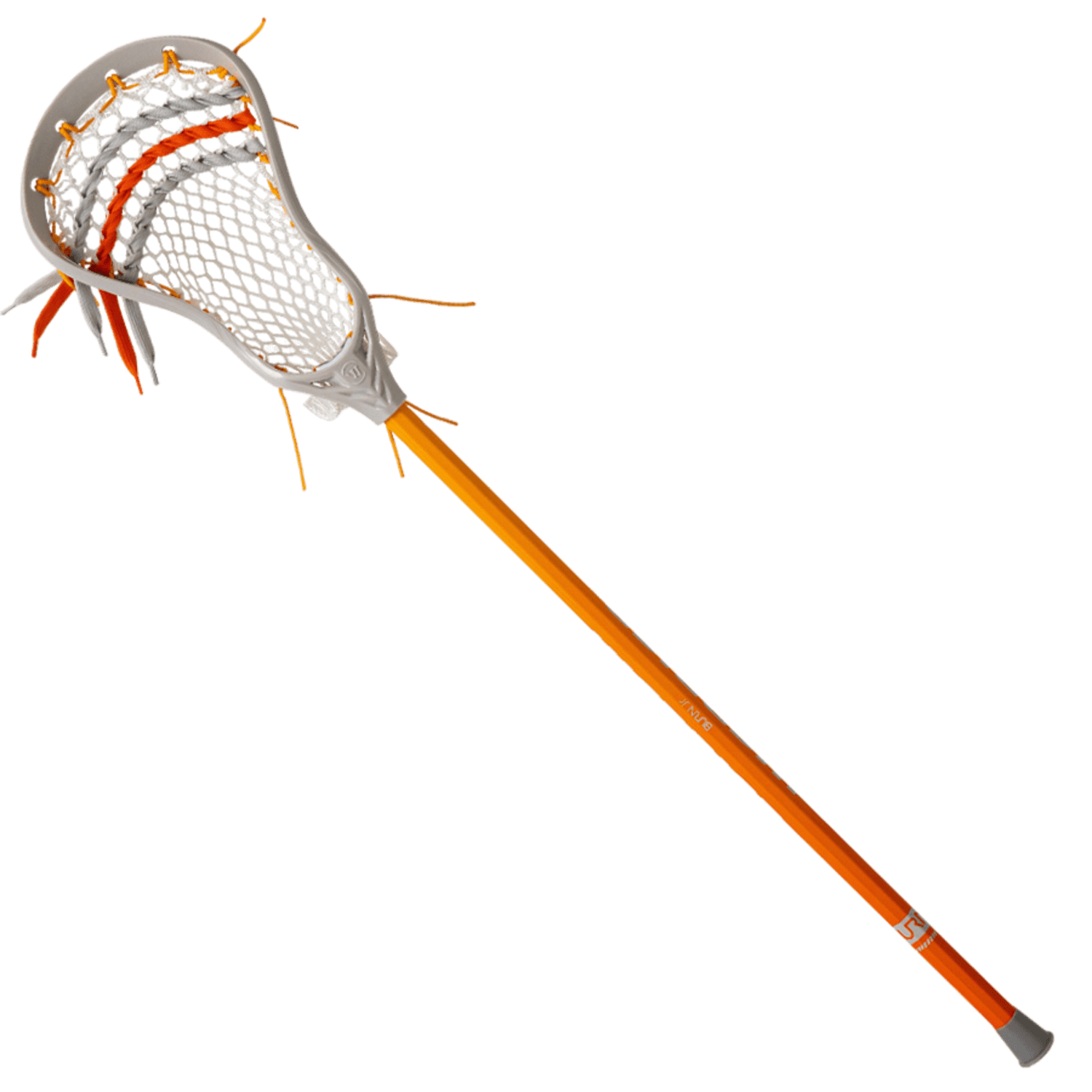 The Warrior Burn Jr. 2023 Complete Stick by Warrior boasts a vibrant orange design complemented by a white net and gray head. Its orange strings ensure the mesh is securely fastened, and the slim shaft's modern aesthetic makes it perfect for junior players looking for both style and performance on the field.