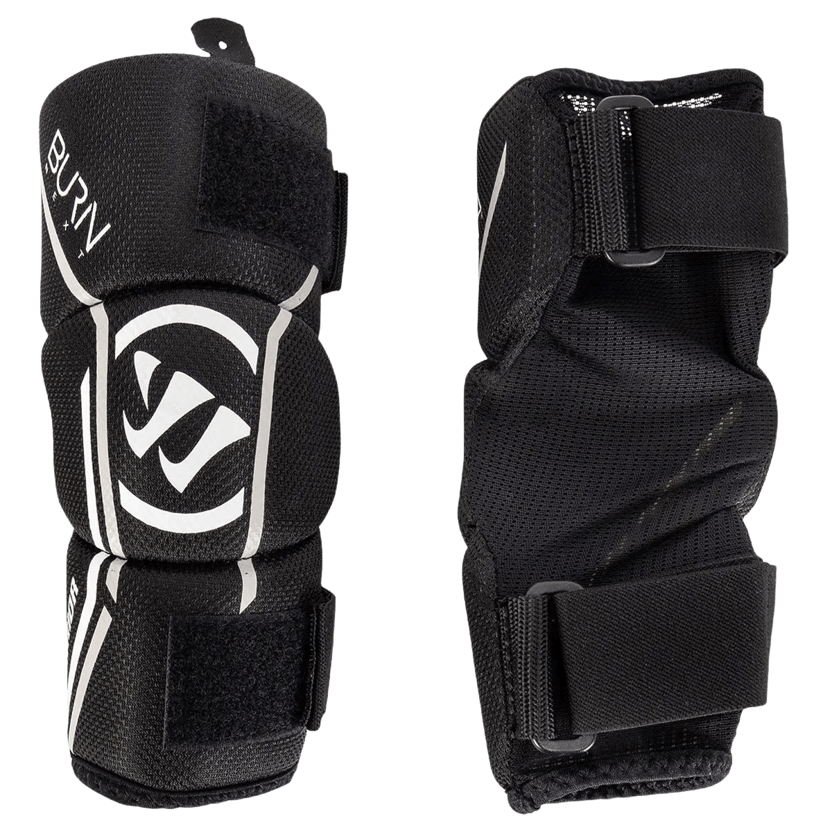 The Warrior Burn Next 2018 Arm Pads by Warrior are black and white protective sports elbow pads featuring adjustable Velcro straps. They showcase a stylish design with bold graphics, including the brand logo.