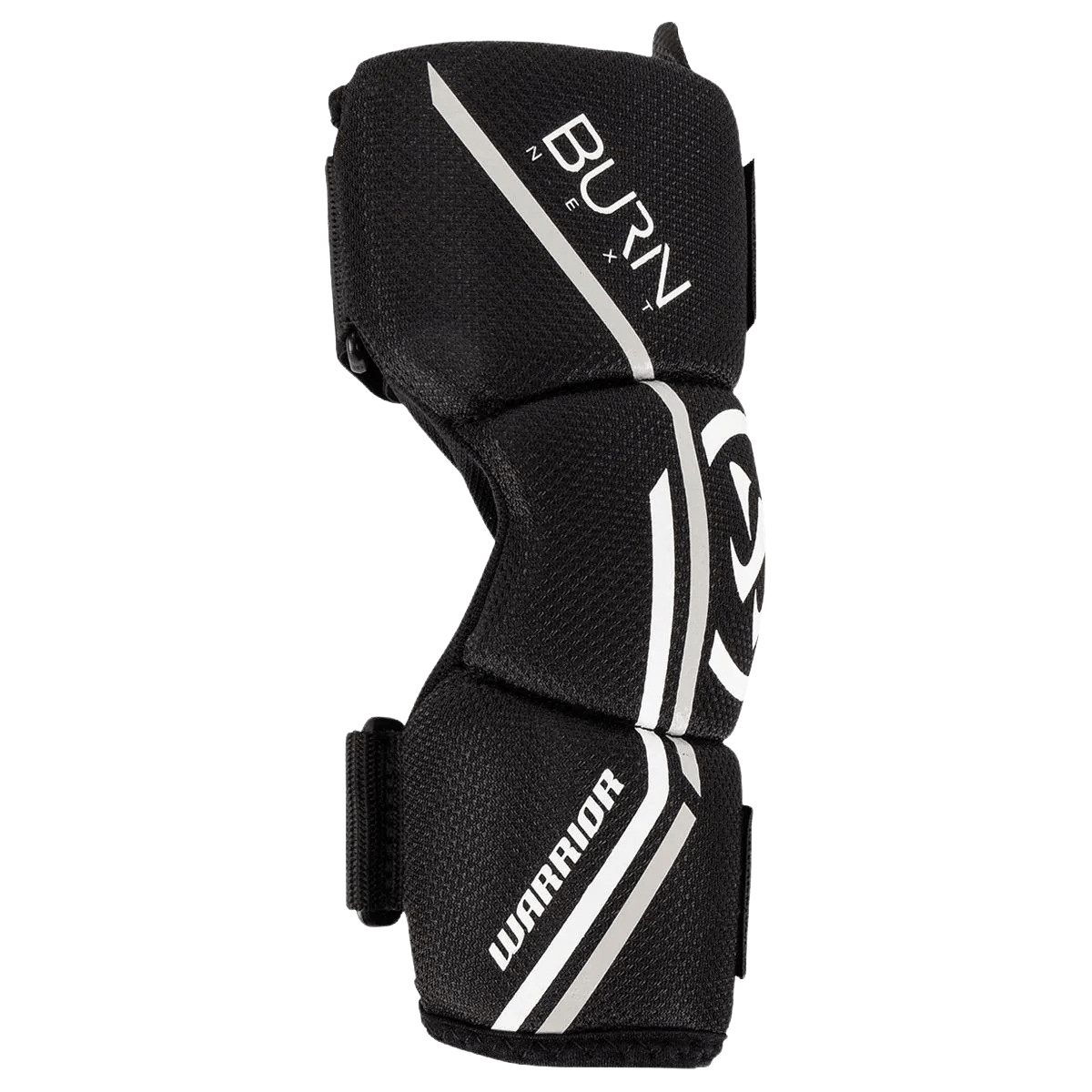 The Warrior Burn Next 2018 Arm Pads by Warrior are black, contoured sports arm guards featuring the text "BURN NEXT" and "WARRIOR" in white. These pads come with adjustable straps and a curved design for a secure fit.